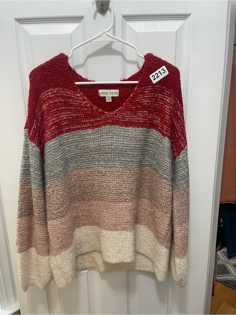 Knox Rose Red, Gray, Pink & Cream Striped V-Neck Sweater